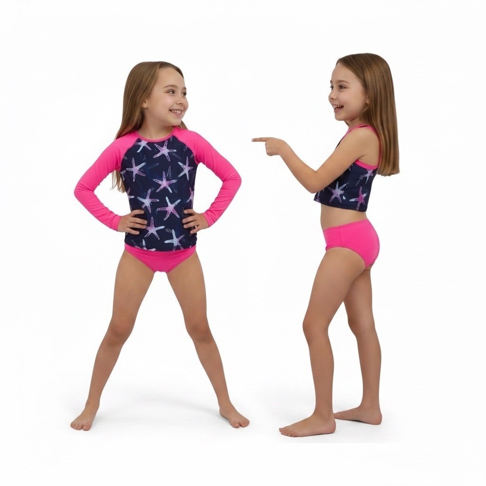 Lands' End 3 Piece Bikini Rash-Guard Swim Set Girls Pink Size 2T Long Sleeve‎
